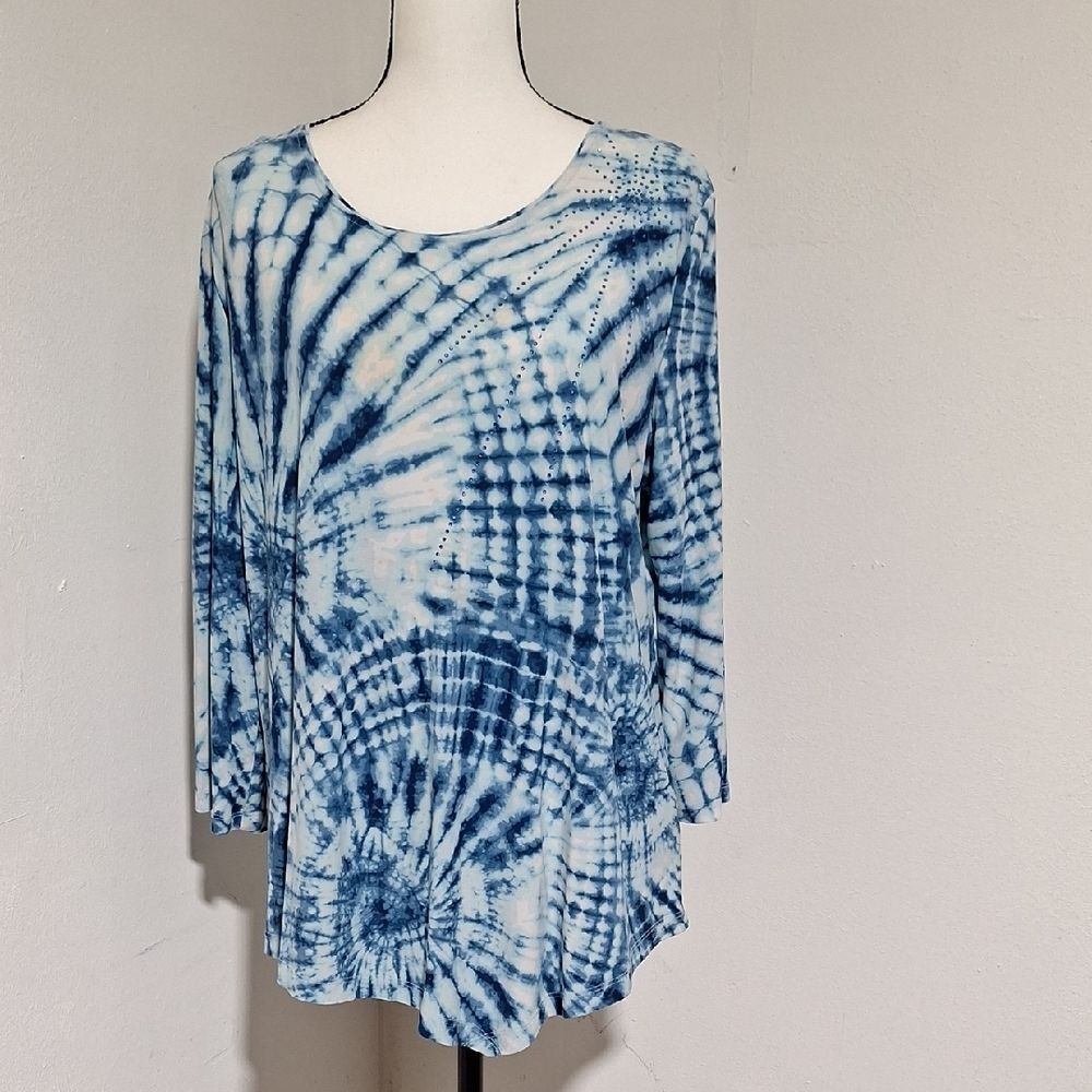 Allison Daley Blue and White Tie-dye 3/4 Sleeve Handkerchief Hem Tunic Top L